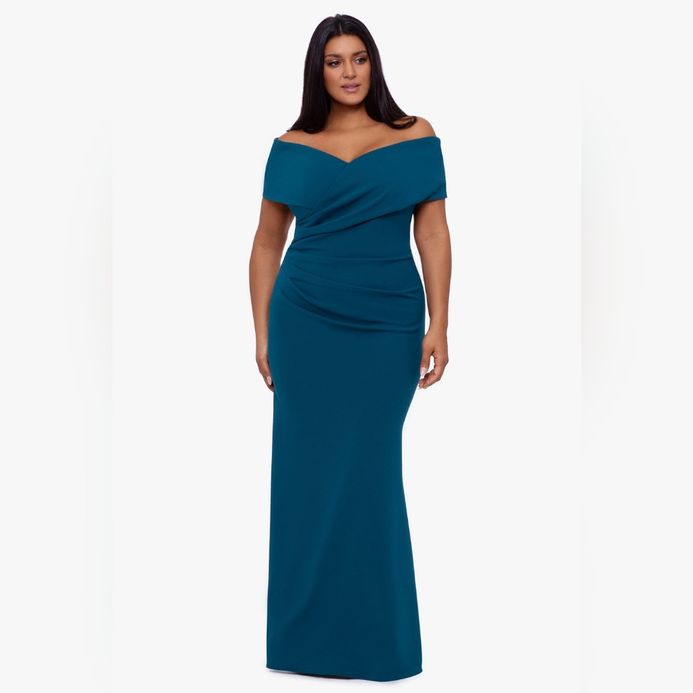 Betsy & Adam Teal Off-Shoulder Bridesmaid Wedding Gown NWT